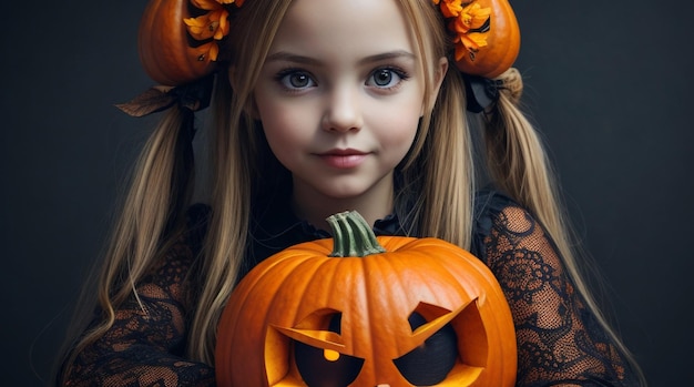 ハロウィーンのカボチャの頭を持つかわいい小さなカボチャのハロウィーンの女の子