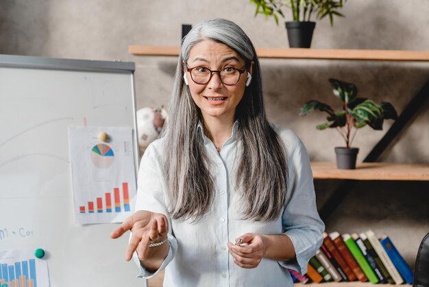 Pretty mature woman presenting financial charts on whiteboard\
online in office