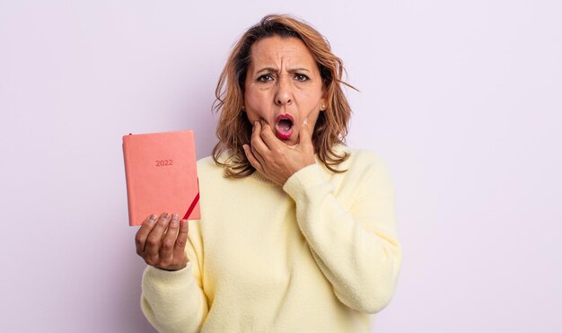 Pretty middle age woman with mouth and eyes wide open and hand on chin. agenda concept