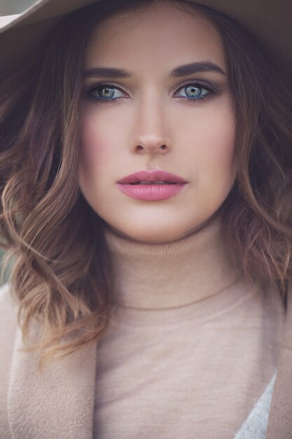 Pretty Model Woman Outdoors Beautiful Woman with Makeup Cute Face Closeup