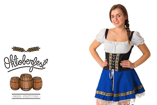 Foto bella ragazza dell'oktoberfest che sorride alla macchina fotografica contro la grafica dell'oktoberfest