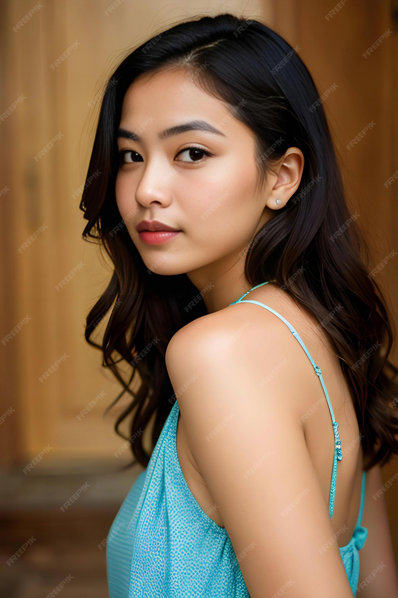 Premium Photo Pretty petite asian woman in a turquoise blouse(00)