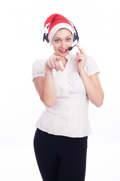 Pretty phone operator in Santa hat isolated