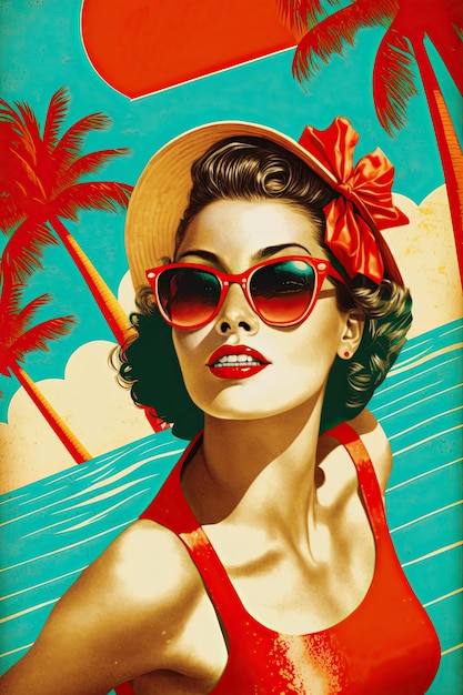 スイミング プールでトレンディなアクセサリーを身に着けている赤い唇を持つかわいいピンアップ ガール