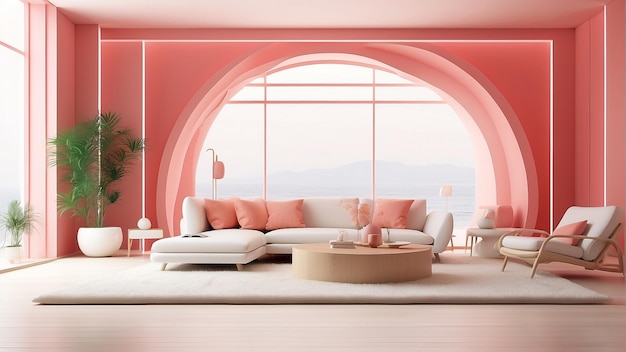 Красивая в розовой уютной комнате с большим окном плюшевый диван и мягкая розовая стена
