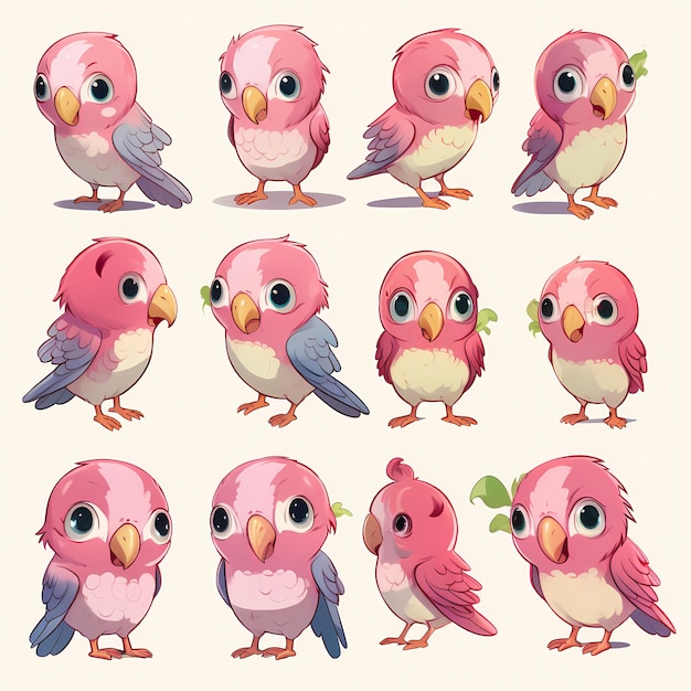 Pretty in Pink Cute Girlish Parrot Character Sheet with Various Expressions and a Standing Pose