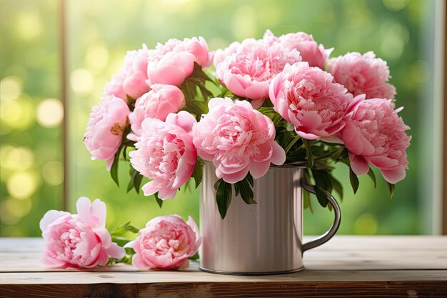 pretty pink peonies in a silver mug on a white wooden desk with background created with generative a
