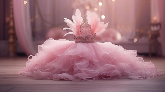 보케 파노라마 스타일로 바닥에 앉아 있는 예쁜 분홍색 공주 티아라와 어울리는 드레스