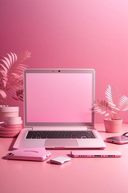 Симпатичная в розовом технологическом 3D-рендере розового ноутбука и смартфона