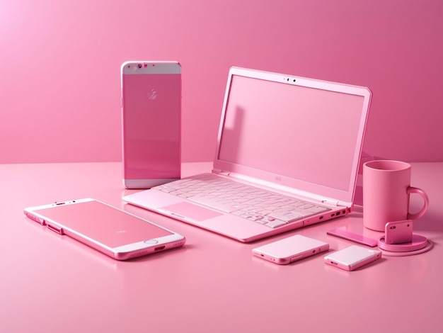 ピンクのコンピューター ノートブックとスマートフォンのピンク テック 3 D レンダリングでかなり