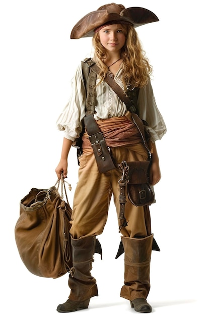 Photo a pretty pirate girl holding bag isolated on white