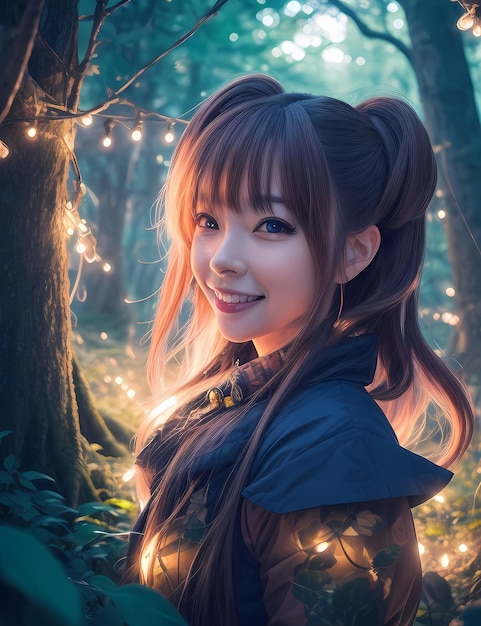 Pretty portrait of asian lday in a forest smiling with lights