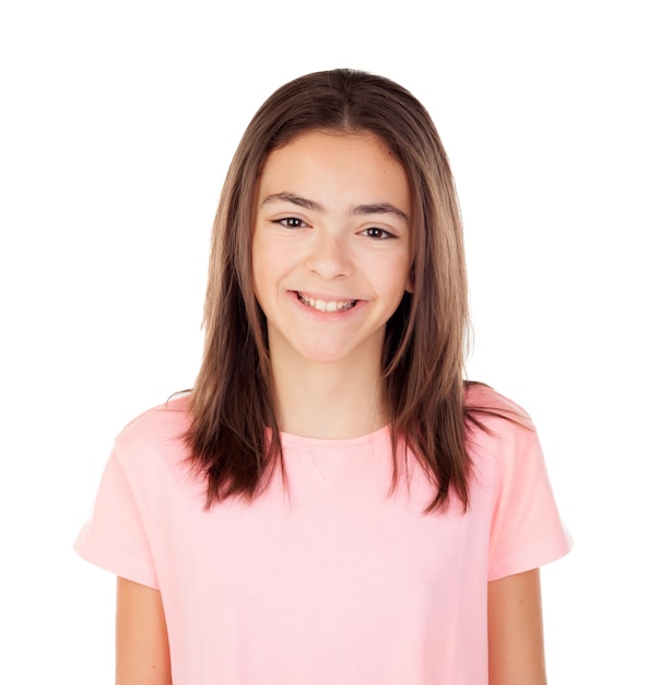 분홍색 티셔츠로 예쁜 초반 소녀