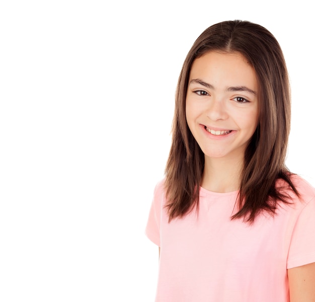 Pretty preteenager girl with pink t-shirt