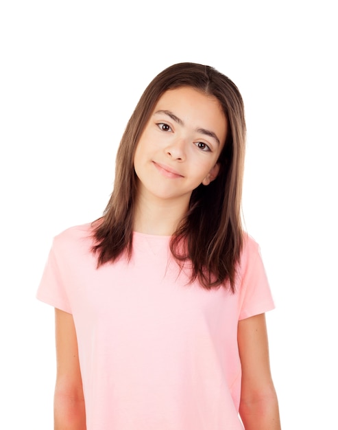 Photo pretty preteenager girl with pink t-shirt