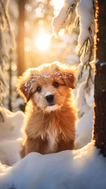 Pretty puppy in snowy winter beautiful coniferous forest at sunny morning