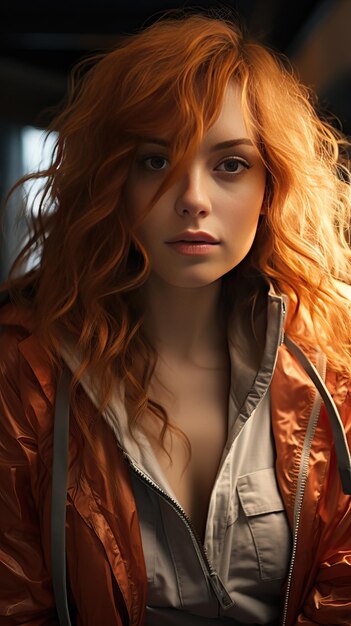 Pretty red head woman with orange jacket