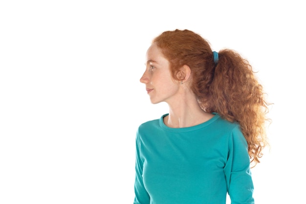 Photo pretty redhead young woman with long wavy hair and freckles wears tshirt feels satisfied and looks confident isolated over white background