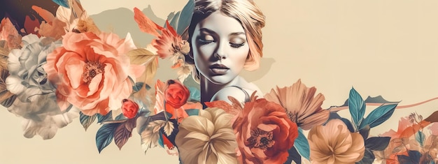 Pretty retro woman with flowers collage style banner with copy space made with Generative AI