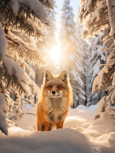 Photo pretty small fox in snowy winter beautiful coniferous forest at sunny day