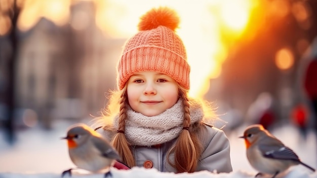Pretty small girl in winter clothes near two birds on winter city landscape background