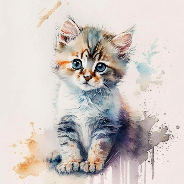 Pretty small kitten on light background in watercolor style