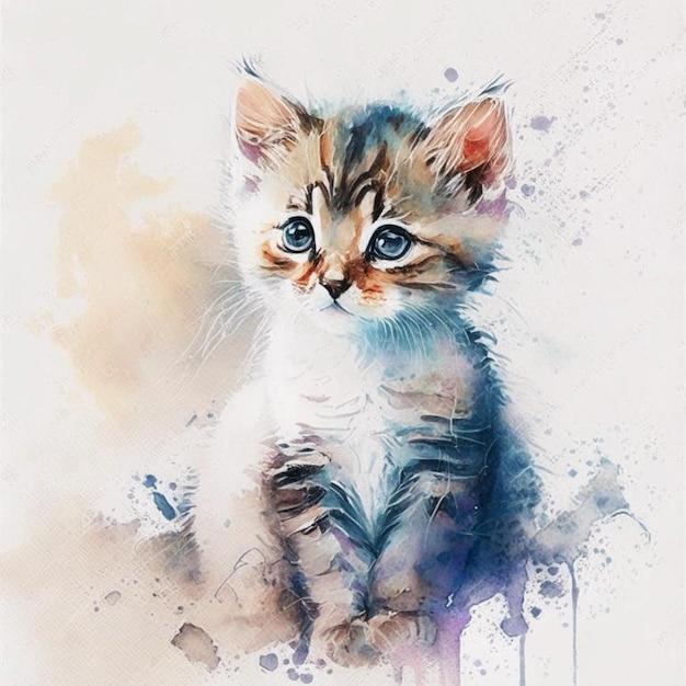 Pretty small kitten on light background in watercolor style