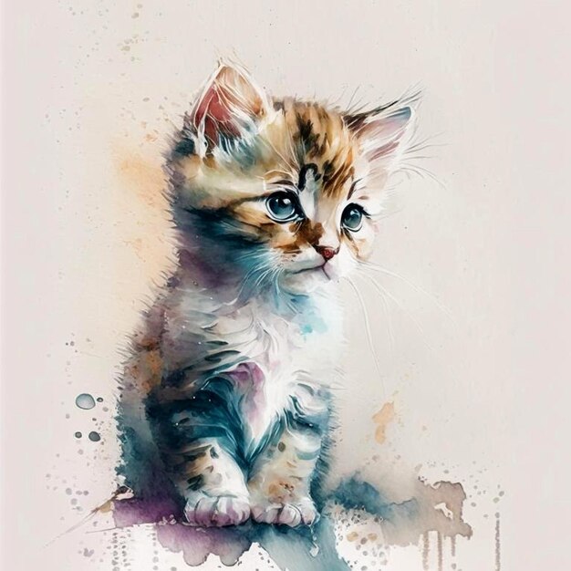 Pretty small kitten on light background in watercolor style