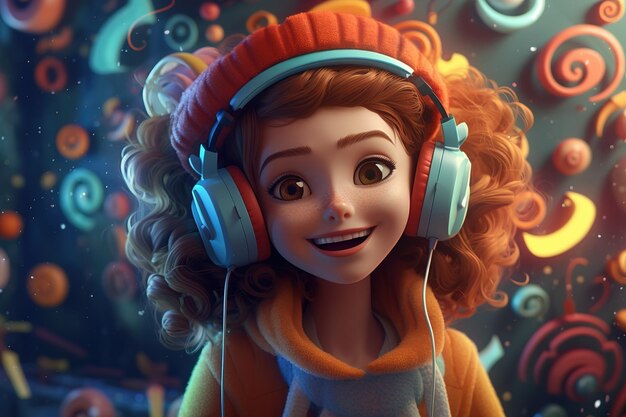 Pretty smiling caucasian girl in headphones listening to music on a dynamic background and looking at camera Volumetric doodle illustration