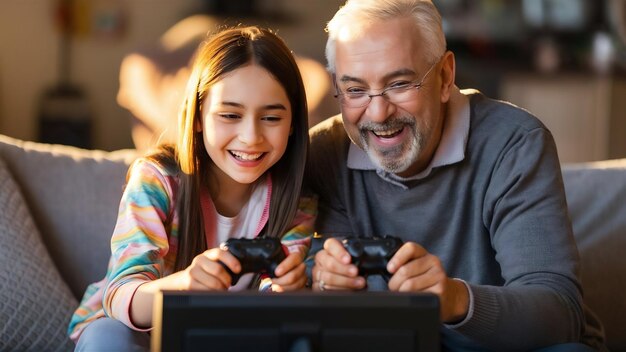 Photo pretty smiling doughter playing console with grandfather