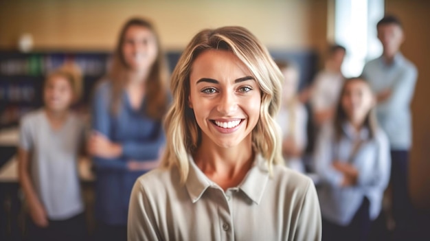 Pretty smiling female teacher looking at camera kids on background in classroom Back to school