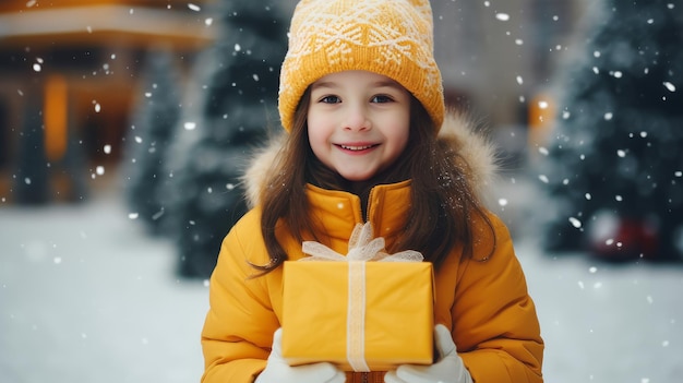 飾られたクリスマスの背景に立っている間クリスマス プレゼントを持ってかなり笑顔の女の子