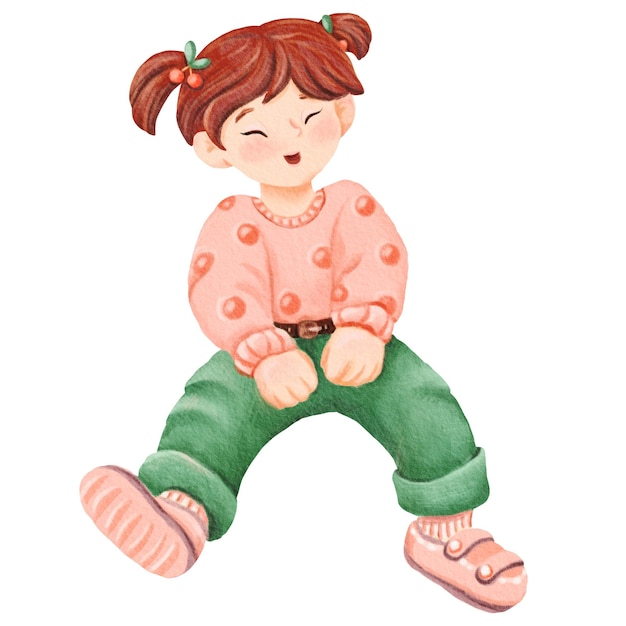 A pretty smiling girl in jeans is sitting merrily Isolated watercolor illustration of child Asian