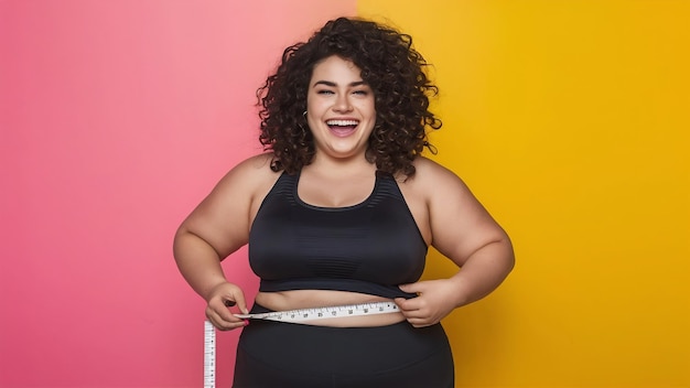 Photo pretty smiling girl with excess weight in sporty top joyfully looking in camera while measuring wai