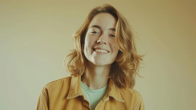 Pretty smiling joyfully female with fair hair dressed casually looking with satisfaction at camera being happy Studio shot of goodlooking beautiful woman isolated against blank studio wall