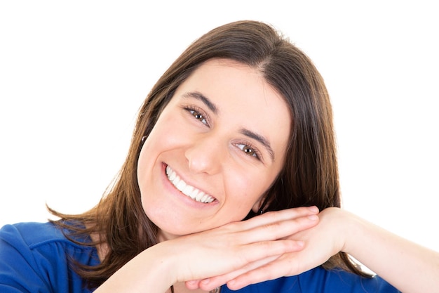 Pretty smiling joyfully girl brunette hair looking with satisfaction at camera happy