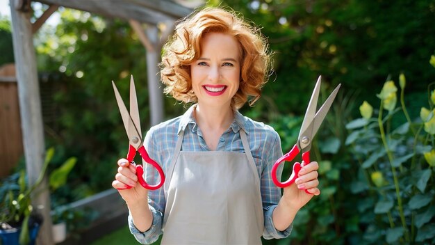 Photo pretty smiling lady gardener with redhead curly hair standing in apron and holding big garden sciss