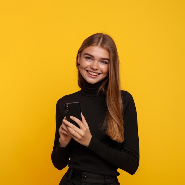 Photo pretty smiling woman is holding a phone in front of a yellow background