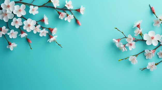 pretty spring cherry blossom branches on turquoise background with space for text