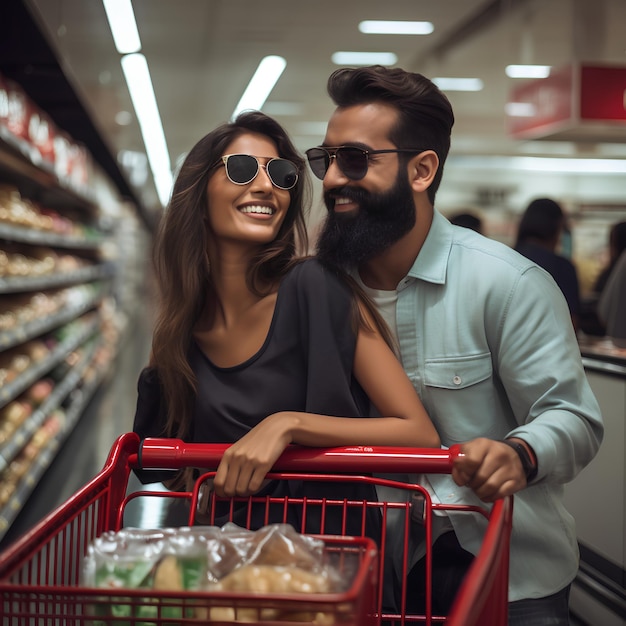 아름다운 스리랑카 소녀 와 한 남자 가 현대 슈퍼마켓 에서 쇼핑 하고 있다
