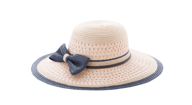 Pretty straw hat with ribbon and bow isolated