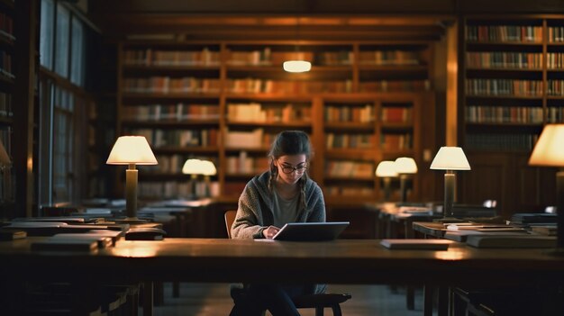 美しい学生が図書館で勉強している