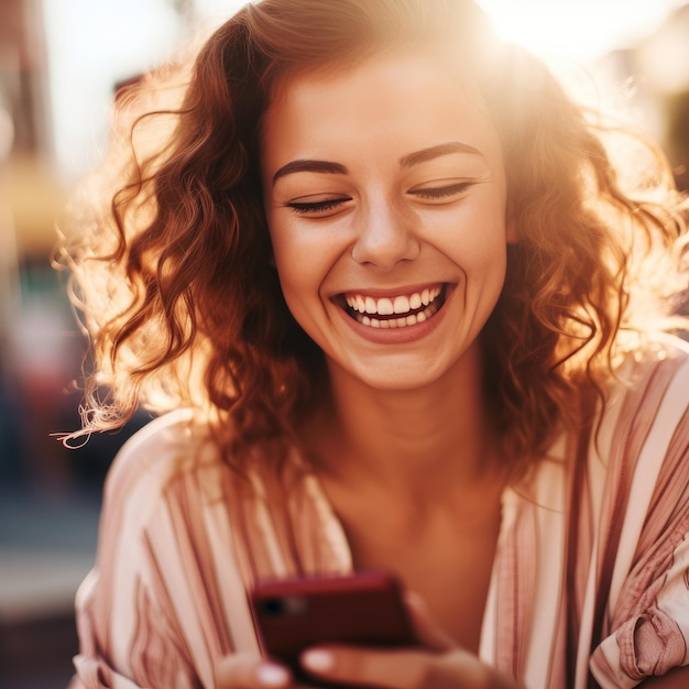 Foto ragazza graziosa di estate che sorride con uno smartphone