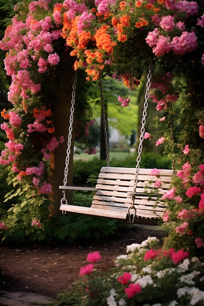 a pretty swing in a flower garden