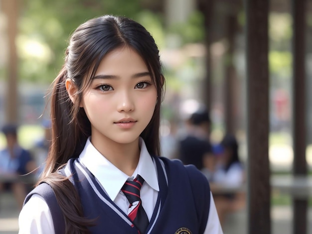 Pretty teenage asian high school woman model in student uniform has lovely face is with