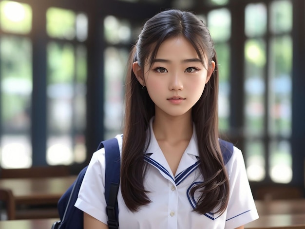 학생복을 입은 예쁜 10대 아시아 고등학교 여성 모델은 사랑스러운 얼굴을 가지고 있습니다.