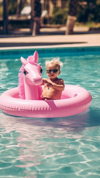 Photo pretty toddler boy sitting on the edge of the swimming pool and laughing next to the generative ai