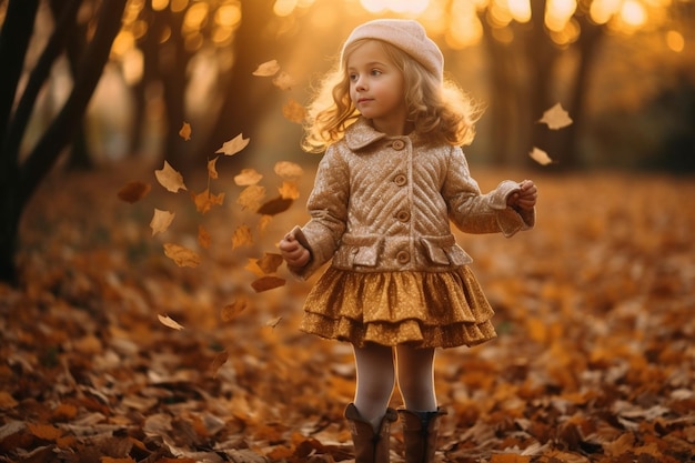 Pretty toddler girl in grey coat shorts and cap playing with stick in the autumn par Generative AI