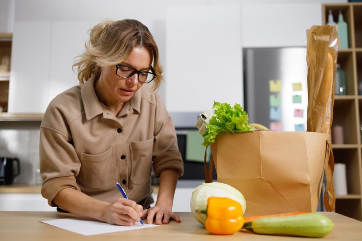 Foto pretty volwassen vrouw is het controleren van de boodschappenlijst aan de tafel in de keuken food cost control concept