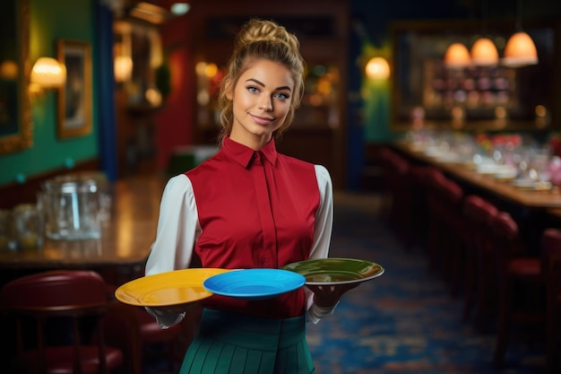 pretty waitress holding an empty tray